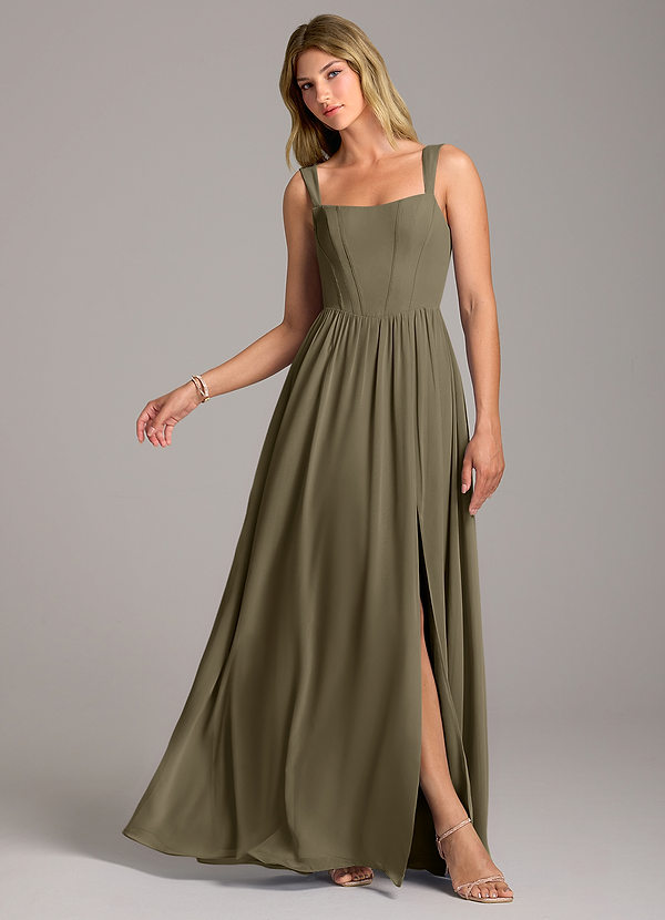 Azazie Rosaline Bridesmaid Dresses Willow Green A-Line Side Slit Chiffon Dress image1