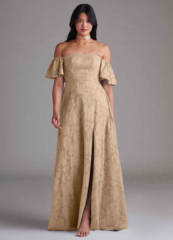 Azazie Sue Bruidsmeisjes Jurken Converteerbaar Jurk van Bloemen Burn-out met A-Lijn Off the Shoulder Champagne image1