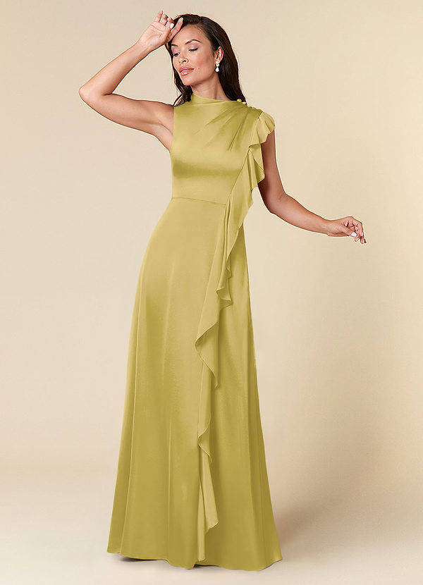 Azazie Narine Abiti da Mamma Sposa Abito A-Line in Raso Elasticizzato Scollo alto plissettato Canarino image1