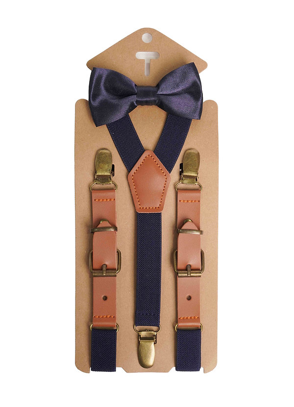 front Conjunto de dos piezas de pajarita y tirantes de satén para niño