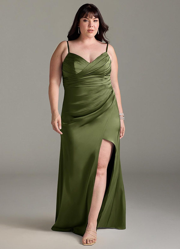 Azazie Yola Bridesmaid Dresses Olive Sheath V-Neck Pleated Stretch Satin Convertible Dress image1