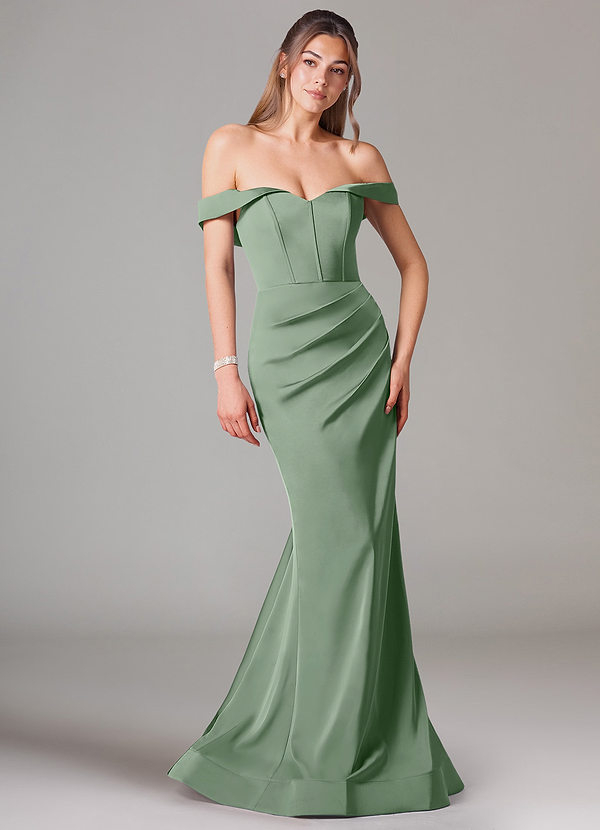 Azazie Everly Vestidos Dama de Honor Vestido de Matcha de Satén Elástico de Corte Sirena Convertible con Vestidos sin tirantes image1