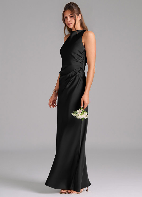 Azazie Evadne Bridesmaid Dresses Black A-Line Pleated Stretch Satin Dress image1