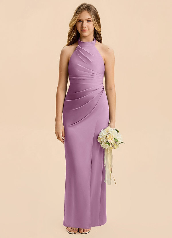 Azazie Jemma Junior Wisteria Sheath Ruched Stretch Satin Dress image1