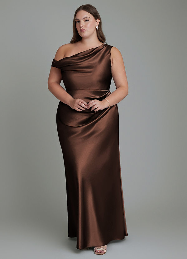 Azazie Emerson Bruidsmeisjesjurken Jurk van Metaalachtig Satijn met Zeemeermin Off-shoulder Ganache image1