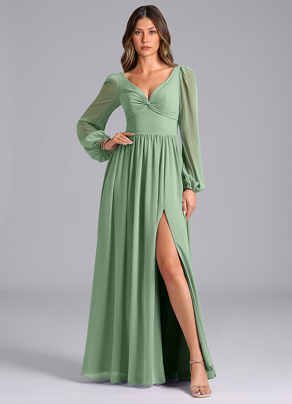 Azazie Zeya Bridesmaid Dresses Matcha A-Line Long Sleeve Chiffon Dress image1