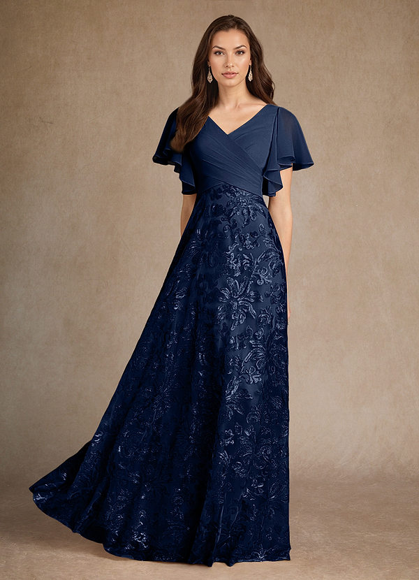 Azazie Fallon Mother of the Brides Dresses Dark Navy A-Line Pleated Lace Dress image1