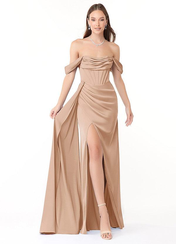 Azazie Amyra Bridesmaid Dresses English Rose Sheath Off the Shoulder Stretch Satin Convertible Dress image1