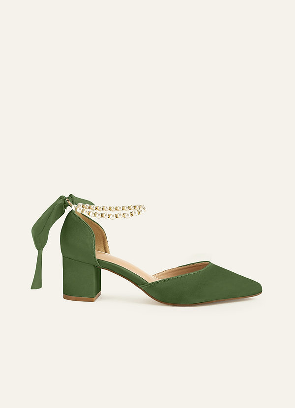 front Escarpins à bout pointu en satin mat de couleur assortie avec perles et nœud