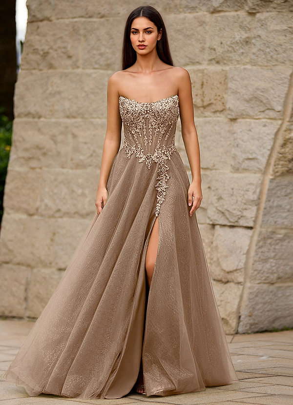 Brilliance Champanhe Vestido de festa em tule brilhante com corte A e apliques de lantejoulas image1