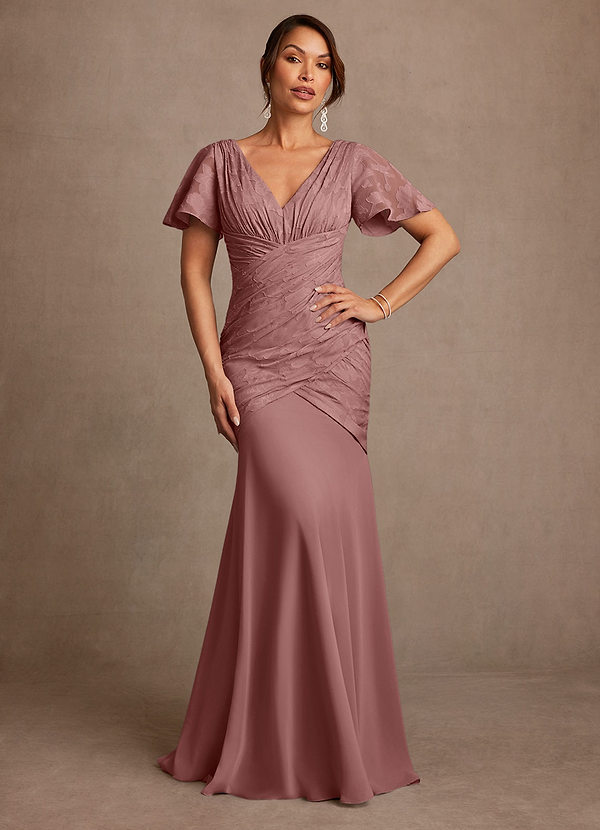 Azazie Jolene Abiti da Mamma Sposa Abito Sirena in Burnout Floreale Plissettato Rosa Polverosa image1