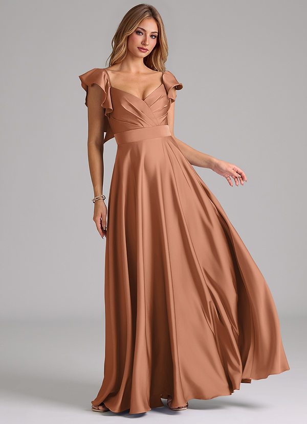 Azazie Leilani Bridesmaid Dresses Bronzer A-Line Ruched Stretch Satin Dress image1