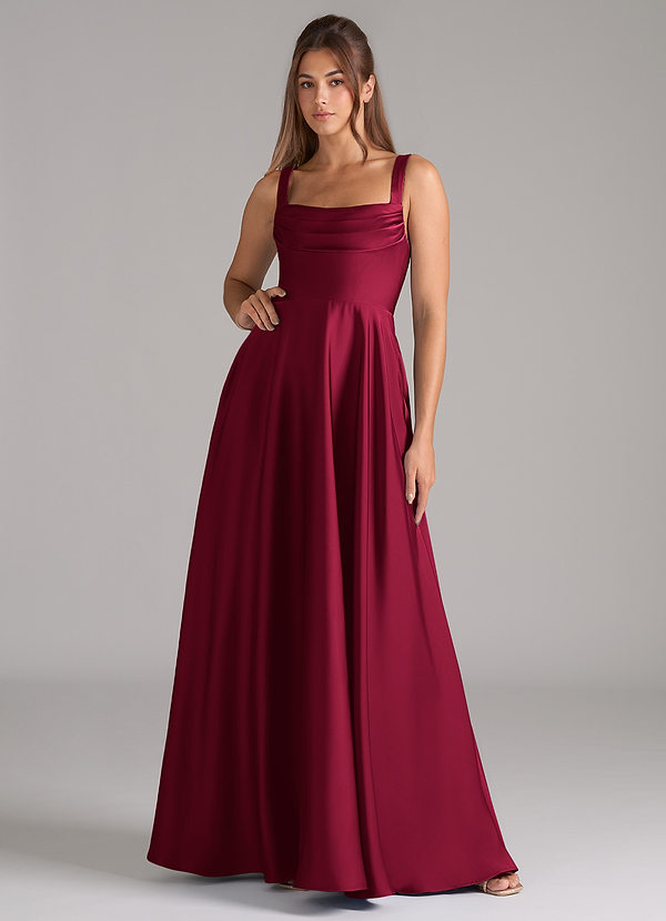 Azazie Shaude Bridesmaid Dresses Burgundy A-Line Pleated Stretch Satin Dress image1