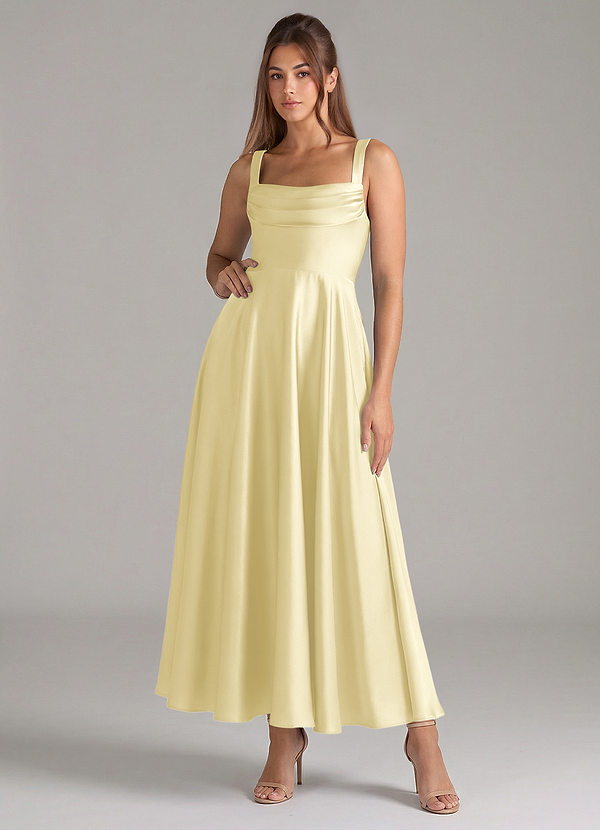 Azazie Shaude Bruidsmeisjes Jurken Jurk van Stretch Satijn met A-Lijn Geplooid Citroensorbet image1