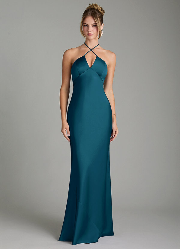 Azazie Camille Bridesmaid Dresses Ink Blue Sheath Side Slit Stretch Satin Dress image1