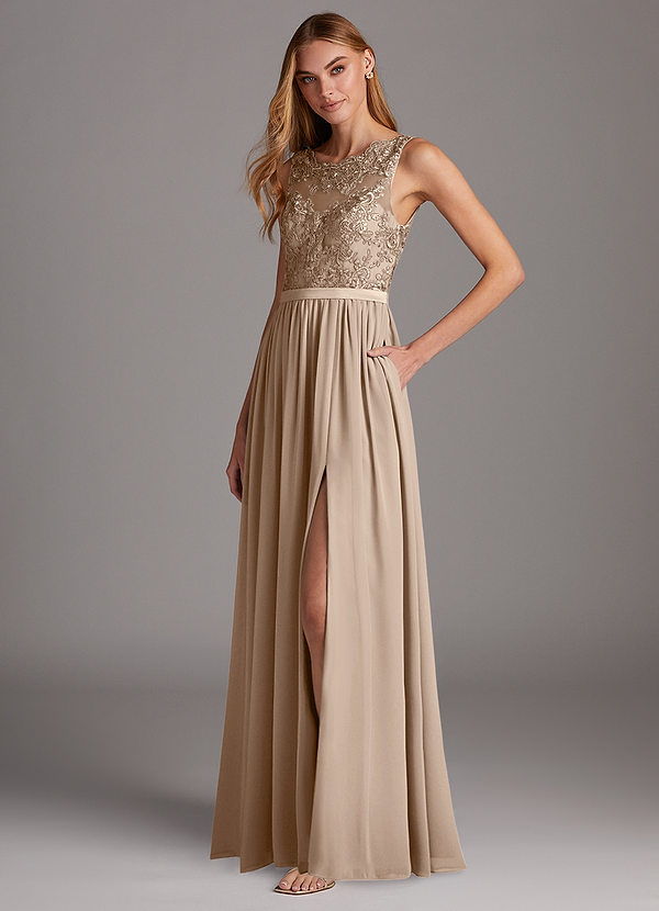 Azazie Elly Bridesmaid Dresses Taupe A-Line Lace Scoop Neck Chiffon Dress image1