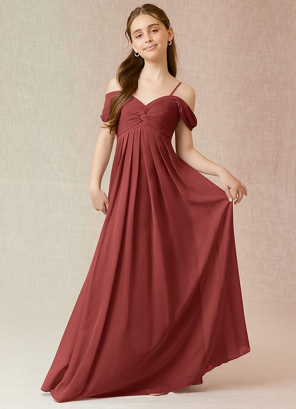 Azazie Kaitlynn Junior Robe Trapèze en Mousseline de soie Épaules dénudées Terracotta image1