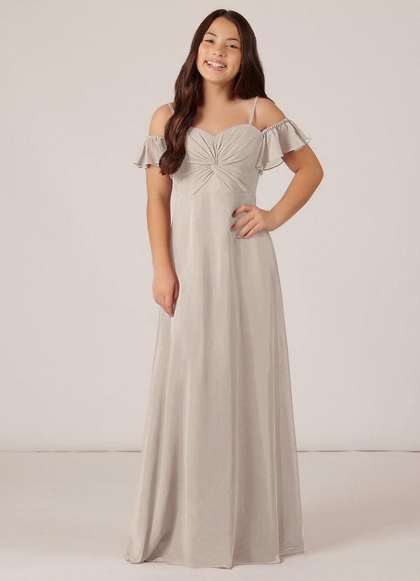 Azazie Juna Junior Robe Trapèze en Mousseline de soie Épaule décolletée Givre image1