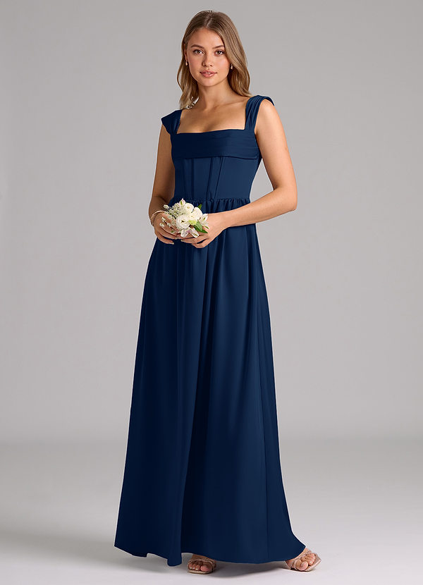 Azazie Hattie Bridesmaid Dresses Dark Navy A-Line Corset Stretch Satin Dress image1