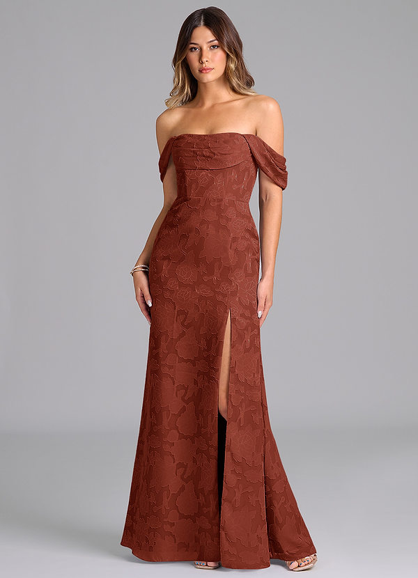 Azazie Saige Bridesmaid Dresses Terracotta A-Line Off the Shoulder Floral Burnout Convertible Dress image1