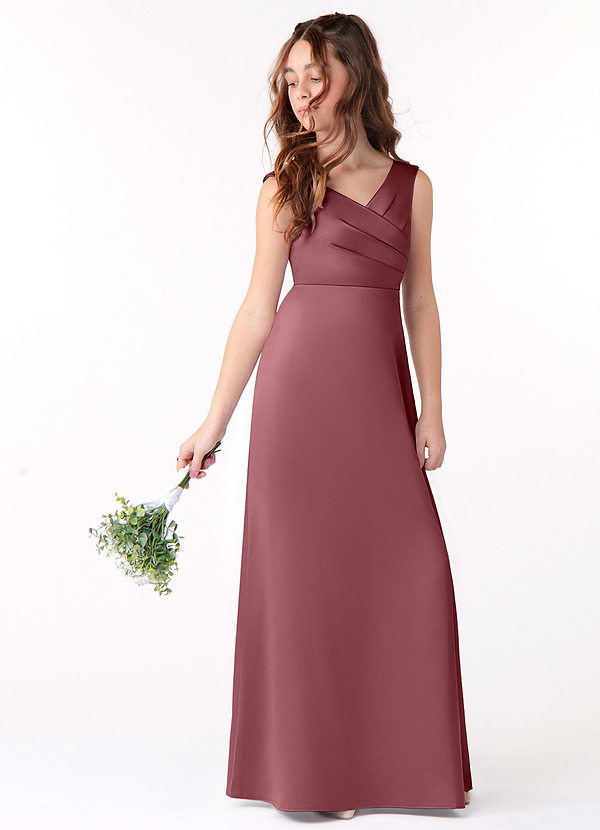 Azazie Sadia Junior Desert Rose A-Line Pleated Stretch Satin Dress image1