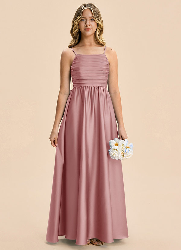 Azazie Kai Junior Vestido Rosa Polvorienta de Satén Elástico de Corte en A con Plisado image1