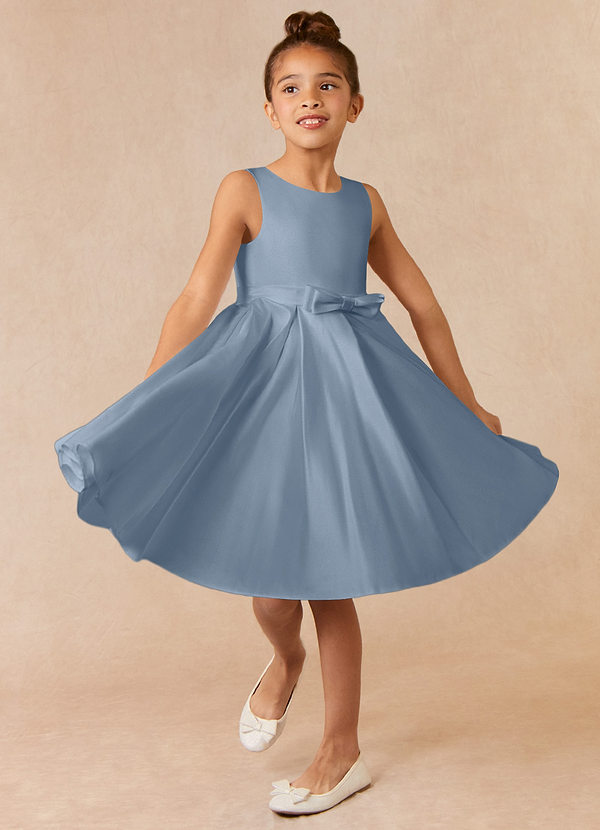 Azazie Coco Flower Girl Dresses Dusty Blue A-Line Bow Matte Satin Dress image1