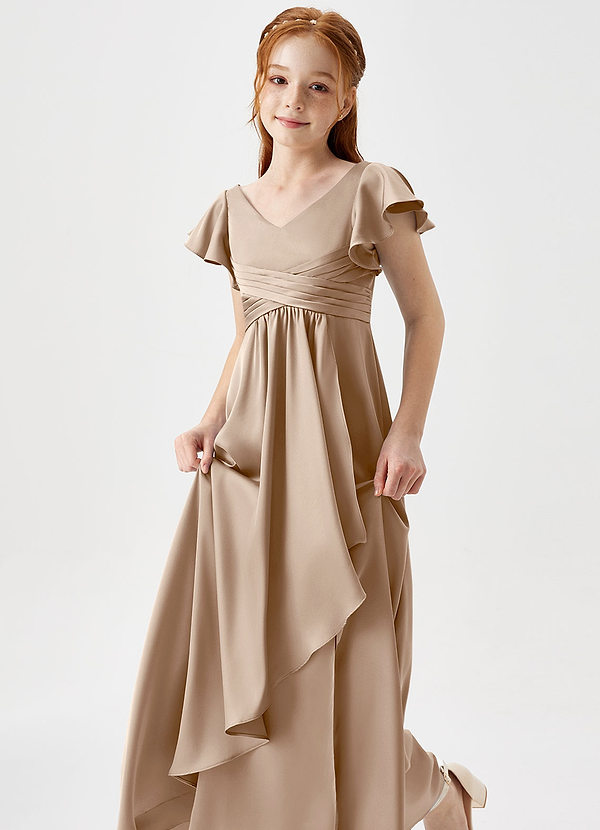 Azazie Omari Junior Taupe A-Line Pleated Stretch Satin Dress image1