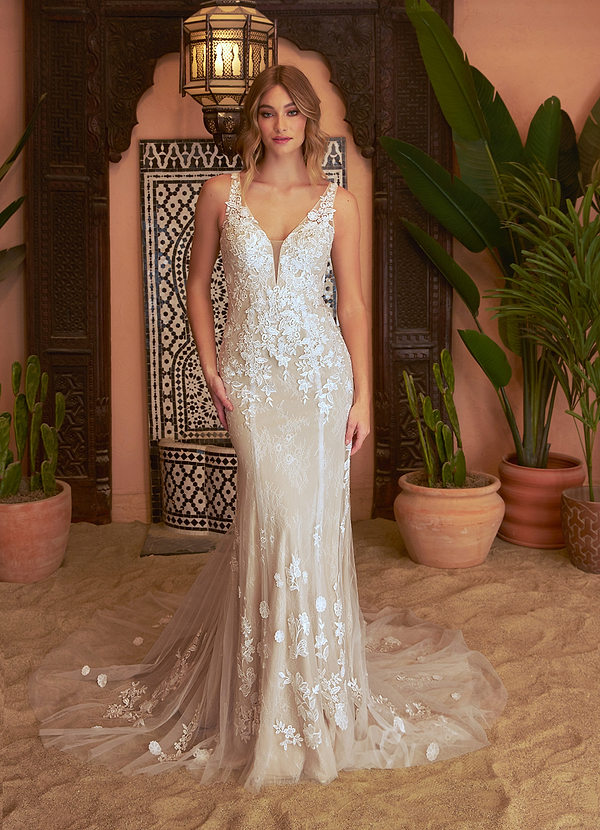 Azazie Heaton Wedding Dresses Mermaid Lace Tulle Chapel Train Dress image1