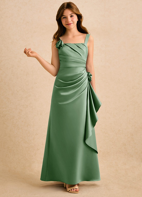 Azazie Ciara Girls Formal Bloemenmeisjes Jurken A-Lijn Jurk van Mat Satijn Geplooid Matcha image1