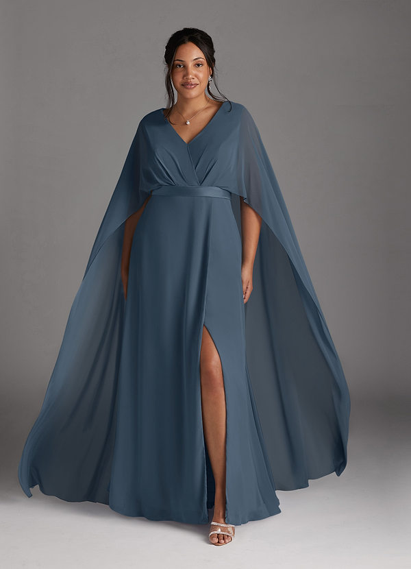 Azazie Isa Robe Mère de la Mariée & du Marié Robe Trapèze en Mousseline de soie Col V plissé Neptune image1