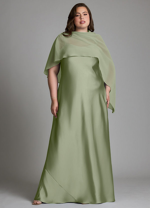 Azazie Jaleesa Vestidos de dama de honor Vestido Pistacho de Satén Elástico de Corte Recto con Cuello alto image1