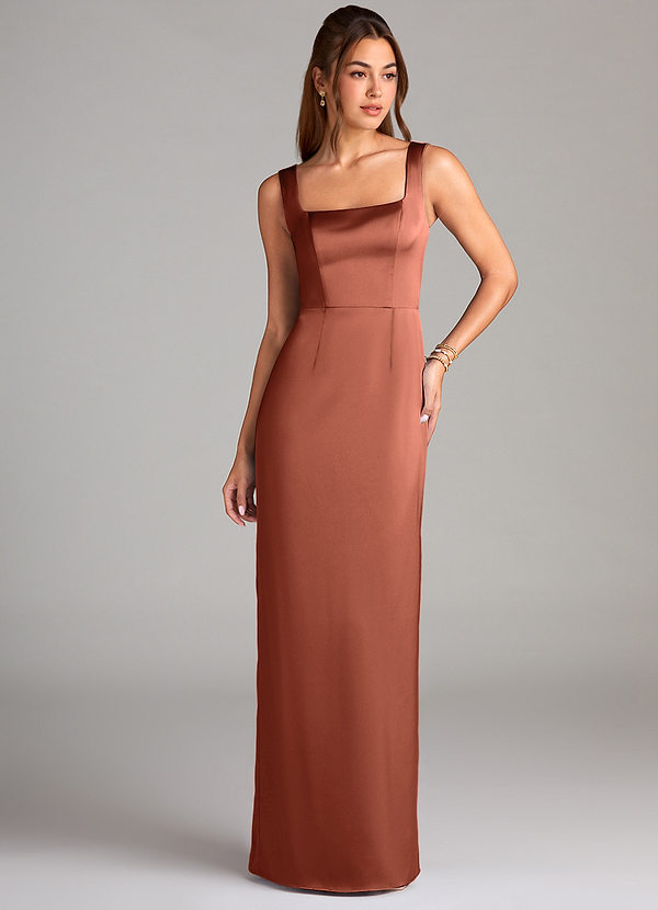 Azazie Flori Bridesmaid Dresses Clay Sheath Side Slit Stretch Satin Dress image1