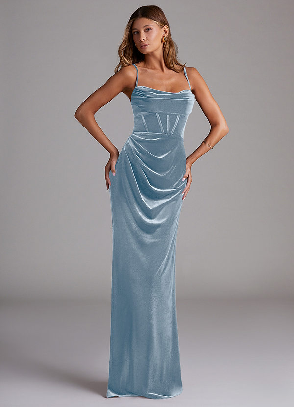Azazie Mai Robes Demoiselle d'honneur Robe Fourreau en velours Encolure en Forme de Cœur Bleu Poussiéreux image1