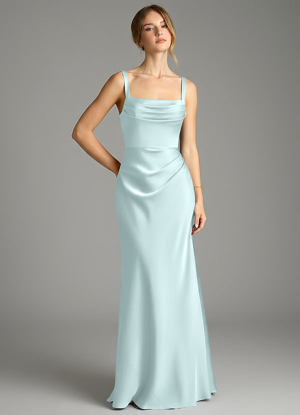 Azazie Alouette Bridesmaid Dresses Sea Glass Mermaid Pleated Stretch Satin Dress image1