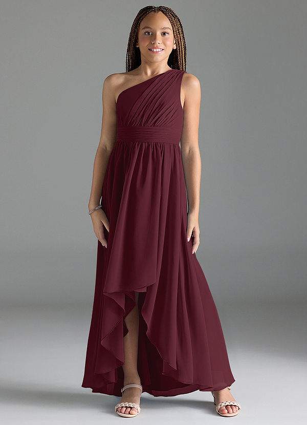 Azazie Mathilda Junior Robe Trapèze en Mousseline de soie Plissée Cabernet image1
