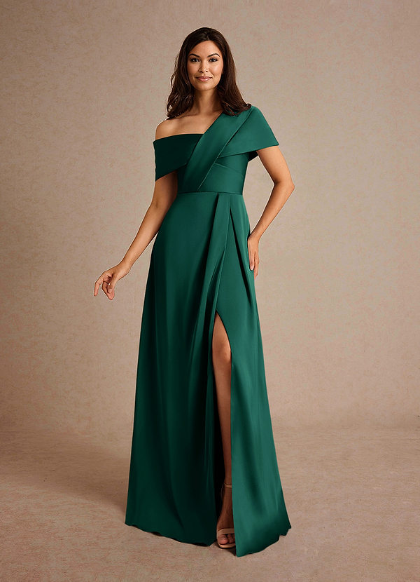 Azazie Milton Mother of the Brides Dresses Emerald A-Line Pleated Stretch Satin Dress image1