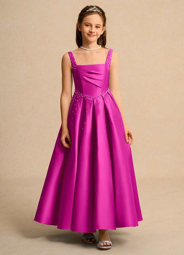 Azazie Mochi Girl Flower Girl Dresses Fuchsia Ball-Gown Pleated Matte Satin Dress image1