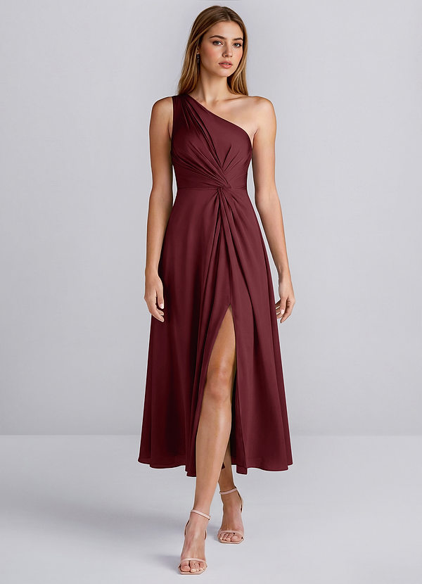 Hermine Wine One Shoulder Satin Slit Midi Dress image1