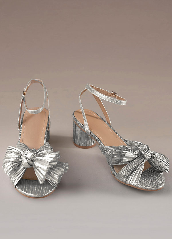 back Pleated Metallic Bow Silver Heel Sandals