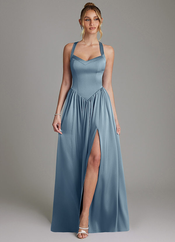 Azazie Francis Bridesmaid Dresses Dusty Blue A-Line Corset Stretch Satin Dress image1