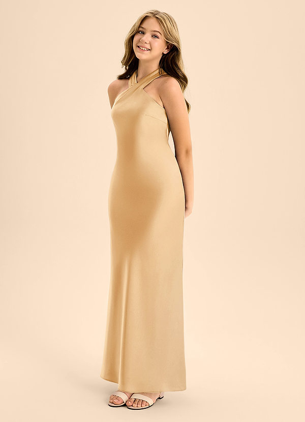 Azazie Doretta Junior Gold Mermaid Pleated Stretch Satin Dress image1