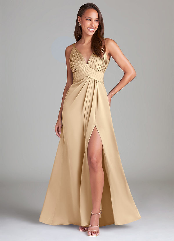 Azazie Maren Allure Bridesmaid Dresses Champagne A-Line Lace Stretch Satin Dress image1