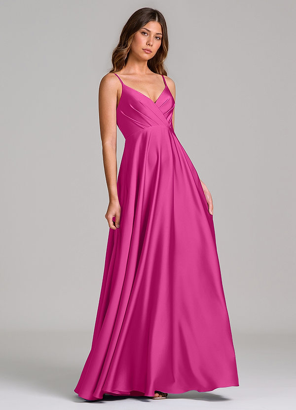 Azazie Amani Bridesmaid Dresses Fuchsia A-Line Pleated Stretch Satin Dress image1