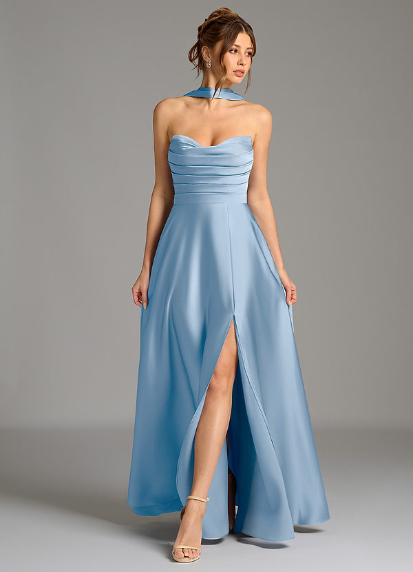 Azazie Ayla Vestidos de dama de honor Vestido de Azul Pálido de Satén Elástico de Línea A con Corsé image1