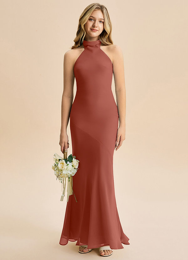 Azazie Velli Junior Vestido Castanho Aloirado de Chiffon de sereia com Pescoço alto image1