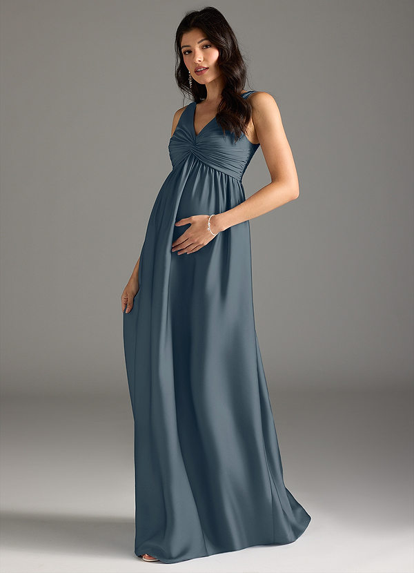 Azazie Yetta Vestidos de dama de honor de maternidad Vestido de Corte En A Plisado Hasta el suelo Satén Elástico image1