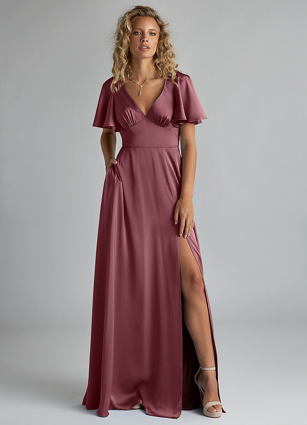 Azazie Kimber Bridesmaid Dresses Desert Rose A-Line Ruched Stretch Satin Dress image1