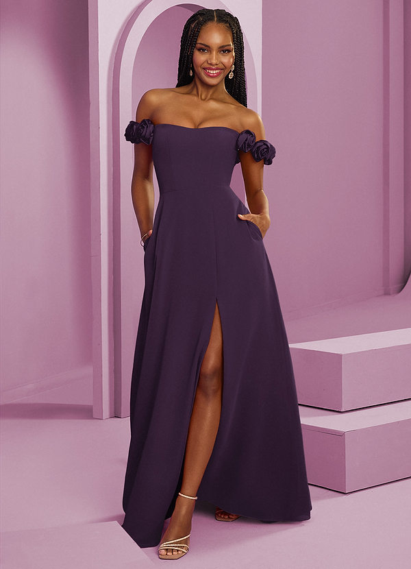 Barbie ♥ Azazie Suknie dla druhen Rozkloszowana szyfonowa sukienka z odkrytymi ramionami i kwiatowymi rozetkami image1