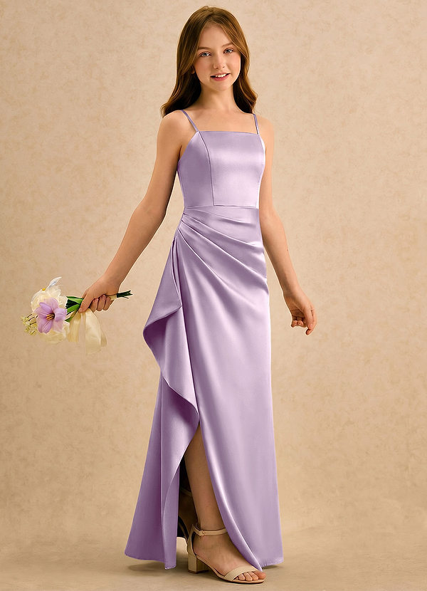 Azazie Cannoli Girls Formal Sukienki dla dziewczynek sypiących kwiaty Linia A Pofałdowany Satyna elastyczna Długość podłogi Sukienka image1